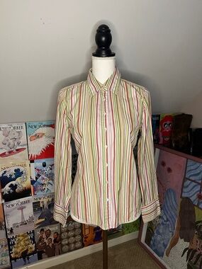 J. Crew Multicolor Striped Button-Up Shirt — Green, Pink & White